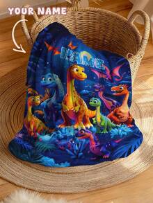 1pc Personalized Customizable Text Home Blanket, Dinosaur & Floral Pattern Commemorative Throw, Suitable For Home Sofa Bed - Multicolor - View 3