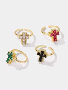 Kryxie Minimalist Gold Cross Open Ring, Copper Inlay CZ, Women's Personalized Religious Jewelry, Suitable For Daily Wear/Religious Believers - Gold - View 1