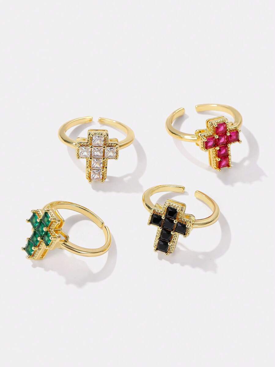 Kryxie Minimalist Gold Cross Open Ring, Copper Inlay CZ, Women's Personalized Religious Jewelry, Suitable For Daily Wear/Religious Believers - Gold - View 1