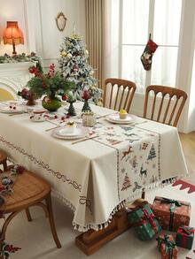 1pc Christmas Decor Woven Jacquard White Ball Pattern Rectangular Tablecloth For Coffee Table, Dining Table, Hand Wash Only - White - View 3