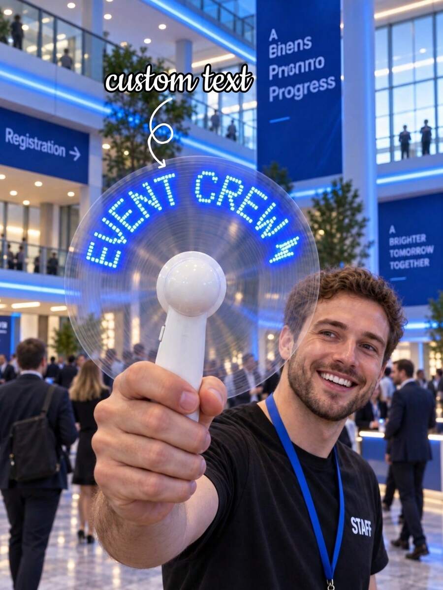 1個客製化LED訊息風扇,個性化發光文字手持風扇,適用於展覽攤位、貿易展、會議、活動贈品與派對小禮的便攜風扇 - 彩色 - 查看 1