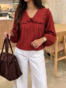 Women's Autumn New Vintage Red Striped Shirt, Puff Sleeve Long Sleeve, Ruffle Peter Pan Collar, Suitable For Daily Wear, Shopping, Dating, Gathering, Travel, Street Style - Red - View 1