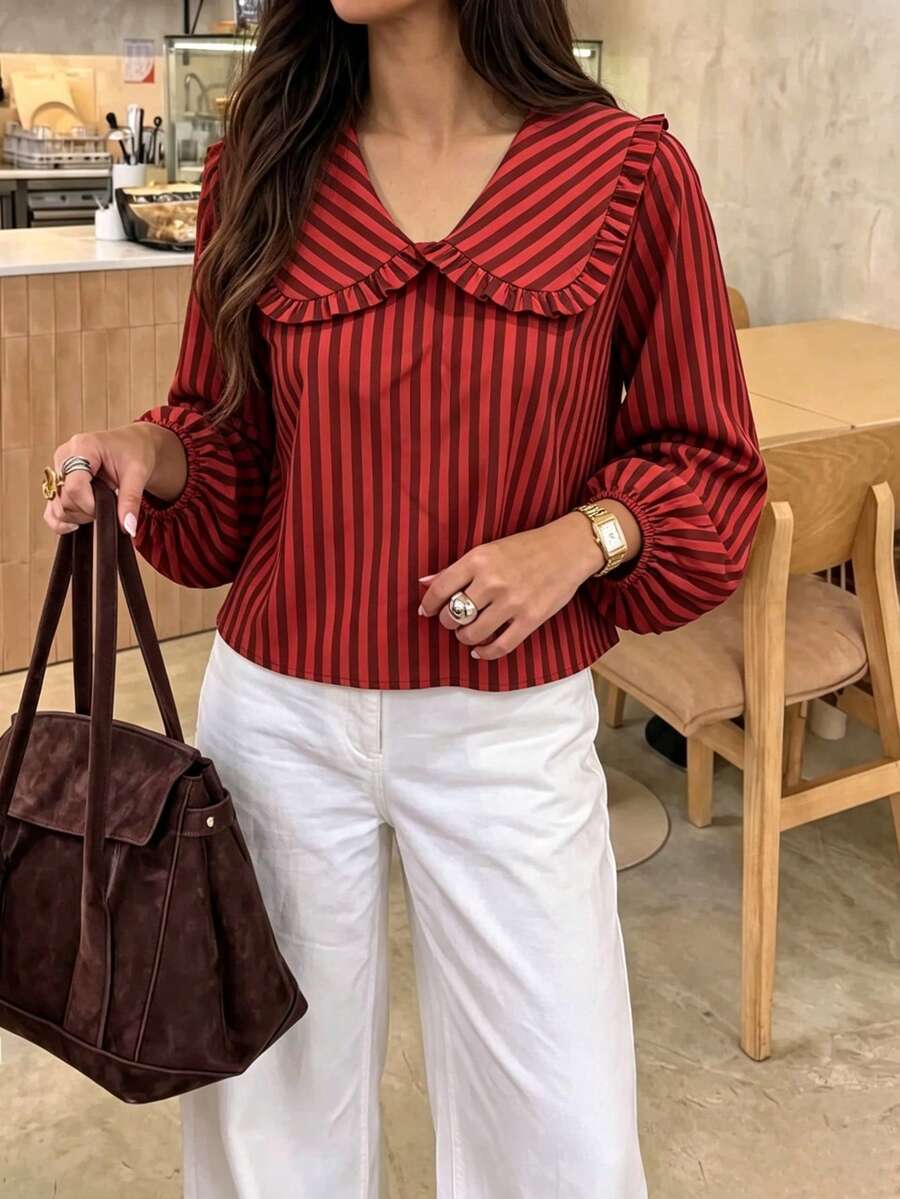 Women's Autumn New Vintage Red Striped Shirt, Puff Sleeve Long Sleeve, Ruffle Peter Pan Collar, Suitable For Daily Wear, Shopping, Dating, Gathering, Travel, Street Style - Red - View 1