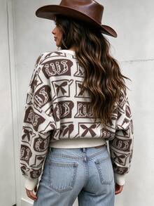 Autumn/Winter New American Vintage Hippie Denim Western Boots And Butterfly Pattern Cardigan Sweater, Suitable For Bohemian Style, Daily Wear, Preppy Style, Vintage Style And More - Multicolor - View 2