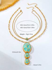 2pcs/Set Vintage 3-Layer Chain Green Oil Drop Pendant Necklace, Bohemian Layered Neckpiece, Blue-Green Cracked Enamel Oval Pendant Collarbone Chain - Turquoise - View 2