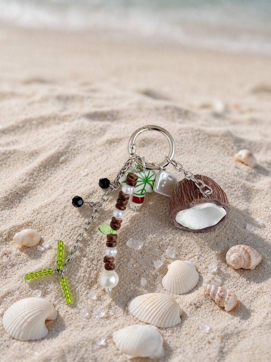 Cross-Border Coconut Keychain Cute 3D Resin Coconut Pendant With Bead Chain, Summer Tropical Style Bag Charm Key Ring For Backpack, Handbag Decoration - Multicolor - View 1