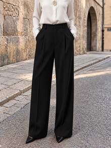EARO Women's Elegant Black Wide Leg Pants, With Pockets, Non-Stretch Long Vintage Style Suit Pants - Black - View 4