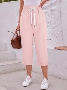 Jisfaneya Women's Plus Size Casual Solid Color 3/4 Length Pants, Elastic Waistband With Drawstring And Pockets Pink Summer - Pink - View 2