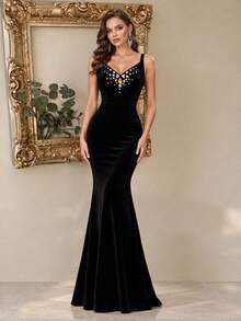 HOMEYEE Women's Black Slim Fit Evening Gown, Fashionable Handmade Rhinestone Embellished Bridesmaid Dress, Cocktail Party Formal Evening Long Dress - Black - View 7