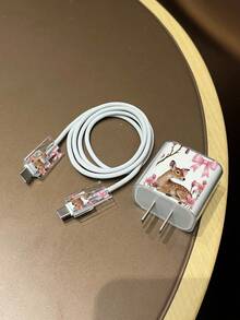 3pcs Set US Standard Apple 20W Charger Cable Protector UV Painted Bow & Deer Pattern Compatible With Apple Fast Charger 20W Charger Prevent Cable Damage (Protective Case Only, Charger And Cable For Display Only) - Multicolor - View 4
