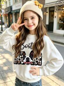 Girls' Boston Terrier & Leopard Print Letter Crew Neck Sweatshirt, Casual Dropped Shoulder Long Sleeve Pure Cotton Pullover - White - View 10