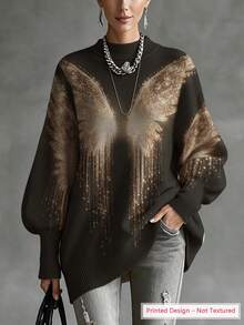 Plus-Size Women's Angel Wing Print Loose Sweater, Irregular Slanted Hem Design, Lantern Sleeves, Perfect For Autumn And Winter. - Multicolor - View 1