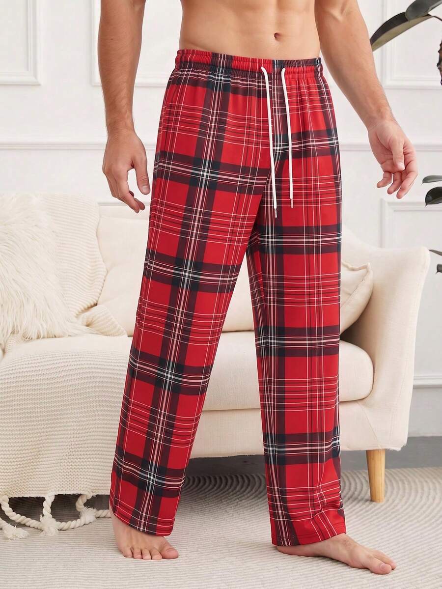 Men's Summer Plaid Casual Versatile Daily Travel Home Wear Long Pants - Red - View 1