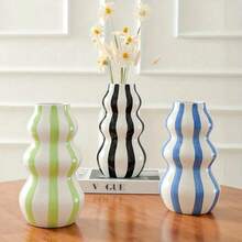 1PC Rustic Ceramic Vase - 1PC Asymmetrical Gourd-Shaped Striped Abstract Vase For Flowers | Tabletop & Living Room Shelf Decor - Ideal Valentine's Day & Mother's Day Gift - Multi-color - View 5
