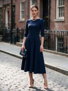 Women Boat Neck Dress 3/4 Sleeve A Line Flared Hem Elegant Apparel For Fall Winter Daily Commuting Going Out Dating - Royal Blue - View 9