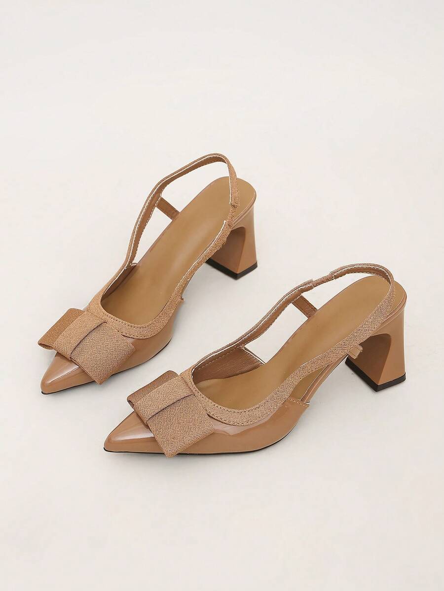 Women's Summer New Brown Pointed Toe High Heel Shoes With Bow Decor, Slingback Chunky Heel, Versatile Party Shoes - Brown - View 1