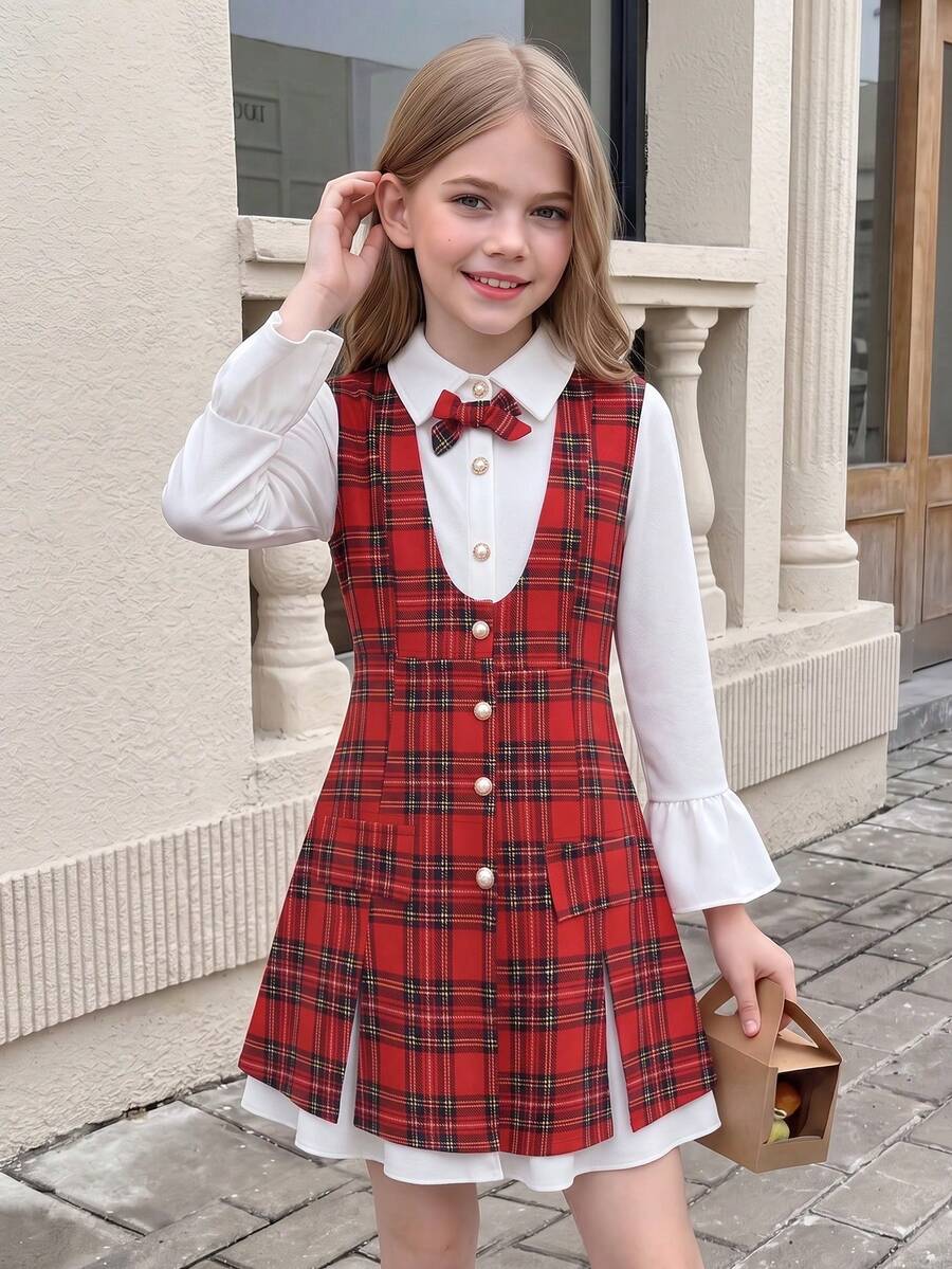 Purechapter Tween Girls Fashion Plaid 2 In 1 Button-Front Dress, Long Sleeve, Collared, Bow Decor, Shirt Patchwork Design, Girls Dress, Christmas Valentine's Day, Autumn/Winter - Red - View 1