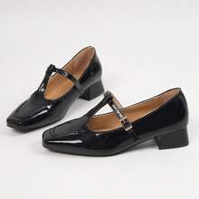 Women's Square Toe Glossy Mary Jane Shoes With Buckle T-Strap And Chunky Heel, Daily Commute Versatile Low Vamp Shoes - Black - View 6
