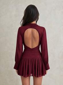 Elegant V-Neck Backless Loose Chiffon Mini Dress, Suitable For Date Night, Summer Vacation, Autumn Outings, Holidays And Countryside Activities - Burgundy - View 11