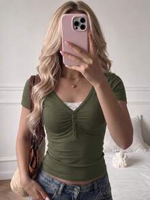 Women's Y2K Sexy Fitted V-Neck Short Sleeve Top, Summer Design Casual - Army Green - View 1