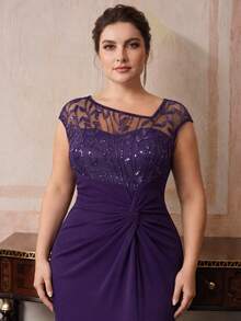 EVERPRETTY Gaun Ungu Panjang Berpayet Elegan Tanpa Badan, Cocok untuk Tamu Pernikahan - Purple - View 2