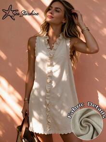 Sea Starshine New Arrival Khaki Linen Ruffle Hem Sleeveless Dress Elegant Summer - Khaki - View 1