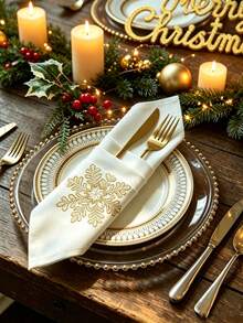 1 st 100 % polyester linneservett med broderad julsnöflinga, vit middagsservett för julhelgsparty och bordsdekoration - Guld - Visa 3