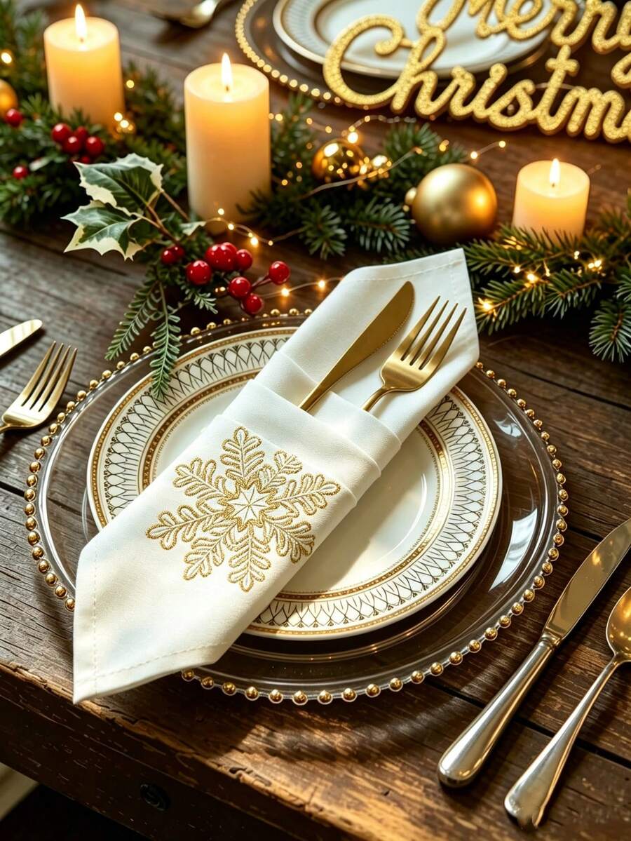1pc 100% Polyester Christmas Snowflake Embroidered Linen Cloth Napkin, White Table Dinner Napkin For Xmas Holiday Party Table Decor - Gold - View 1