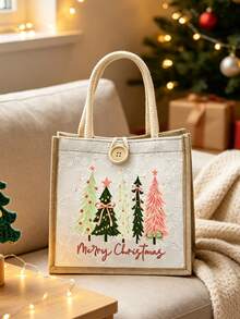Christmas Printed Linen Tote Bag, Reusable Printed Women's Tote Bag, Large Capacity Shoulder Bag,For Friends And Best Friends, Gift For Teachers - Multicolor - View 9