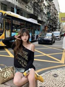 Niche Aesthetic Asymmetrical Shoulder Star & Letter Print Long Sleeve T-Shirt, Side Ruched Waist-Defining Cropped Top For Women, Autumn - Black - View 5