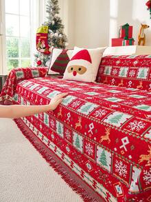 1pc Christmas Tree Snowflake Pattern Chenille Sofa Cover, Anti-Cat Scratch Stain-Resistant Sofa Slipcover, Machine Washable, Furniture Protector, Suitable For Bedroom And Living Room Home Decor - Fits Single, Double, Triple And Quadruple Sofas, Christmas Sofa Decoration - Red - View 8