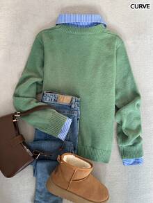 Women's Plus Size Autumn/Winter Fresh Bean Green Round Neck Knitted Sweater, Cute Sheep Jacquard Pattern, Loose Drop Shoulder, Soft Casual Everyday Top - Green - View 5