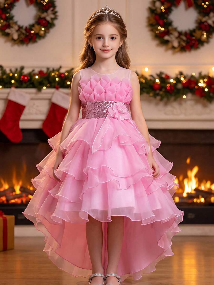 Tween Girl Sequin Multilayer Tulle Party Dress, High-Low Hem Princess Dress For Weddings, Graduations, 4-Seasons - Pink - View 1