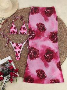 Bộ bikini dây cổ màu hồng gợi cảm cho nữ, họa tiết in, độ co giãn cao, đồ bơi mùa hè - Nhiều màu - Xem 2