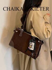 1pc Solid Color Fashion Square Suede Fabric Shoulder Bag Suitable For Commuting, Shopping, Etc. (With Pendant) - Coffee - View 7