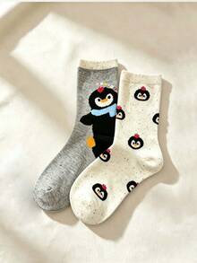 1/4 Pair Unisex Multi-Color Penguin Mid-Calf Socks, Soft Breathable Lightweight, Korean Cartoon Style, 3D Design For Girls And Students, Autumn - Multicolor - View 3
