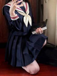 1件裝可愛校園JK制服套裝，附領結，女款水手JK制服，校園角色扮演風格套裝，白色與海軍藍長袖上衣搭配海軍藍百褶裙，適合派對、角色扮演、COSPLAY、化裝派對、畢業照、約會、動漫展、萬聖節裝扮 - 藍白色 - 查看 6