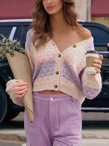 Chic Women's V-Neck Long Sleeve Cropped Cardigan Sweater With Button Details, Perfect For Spring And Fall - Pink - View 1