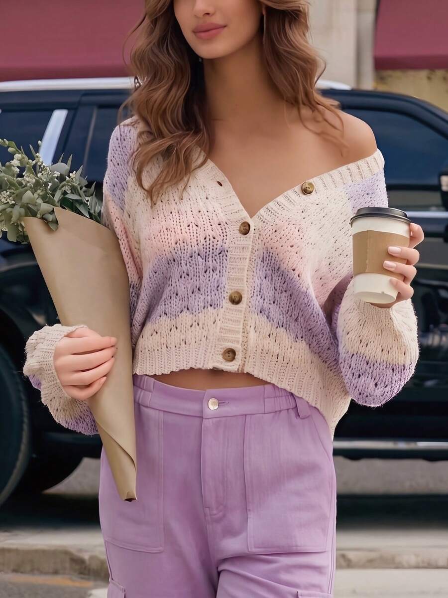 Chic Women's V-Neck Long Sleeve Cropped Cardigan Sweater With Button Details, Perfect For Spring And Fall - Pink - View 1