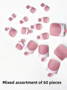 60pcs Matte Pink Square False Toenails, Pink French Square False Nails, Full Coverage Pink Nail Art Toenail Tips - Multicolor - View 10