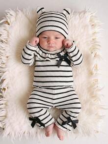 Baby Girl Black & White Striped Knit 2-Piece Set, Oversized Ruffle Collar Pullover Top + Bow Casual Long Pants Outfit - Black - View 2