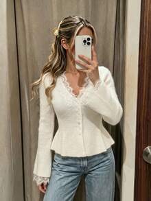Women's Autumn/Winter Lace Trim Ruffle Hem Ribbed Knit Cardigan, Casual Daily Long Sleeve Vacation Outfit, Elegant Slim Fit Top - White - View 5