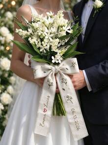 Personalized Wedding Bouquet Ribbon, Hand Linen Wrap, Pink Cosmos Forget Me Not Daisies, Custom Names Date, Bridal Keepsake Gift - Multicolor - View 5