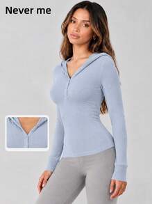 Women's Sports Top, Henley Half-Button Hooded Long Sleeve Ribbed Waist-Cinching Slim Fit Elastic Yoga Workout Wear - Baby Blue - View 1