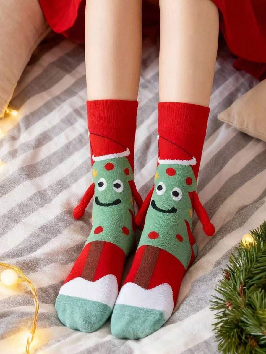 1 Pair Unisex Funny Christmas Socks, 3D Plush Arm Christmas Tree Smiling Face Mid-Calf Socks, Holiday Party Warm Socks, Couple & Friend Gift - Red - View 1