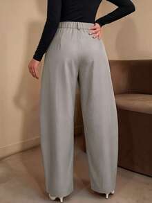 Women's Autumn Light Gray Double-Button Loose Fit Trousers, Cross Front Pleated Draped Long Pants, Minimalist Commute Casual Daily Versatile Pants - Light Grey - View 2