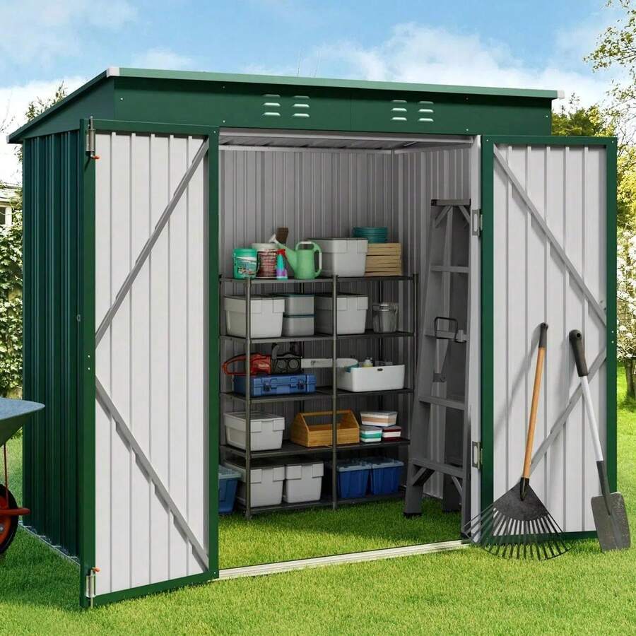 Bealife, armario metálico para exteriores de 1,8 m x 1,2 m con puerta con cerradura. Obtenga un cobertizo metálico para jardín, con gran capacidad, ideal para guardar herramientas de jardinería. - Verde - Ver 1