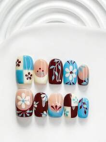 10pcs Handmade Cottage Style Press-On Nails, Polygel Nail Art Set, Daisy Blue & Brown Nails, Artistic Fresh Style, Includes Nail Tools, 3 Sizes Available: Square, Short Square, Almond, Suitable For Party, Dancing, Daily Wear (Handmade Details May Vary) - Multicolor - View 12