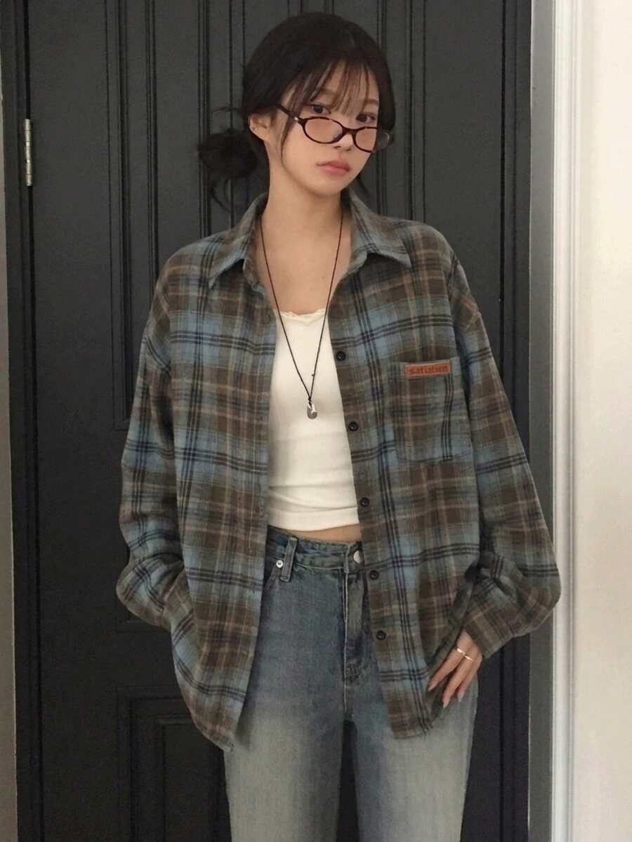 American Vintage Colorblock Plaid Shirt Women Spring Autumn Loose Casual Style Versatile Couple Jacket