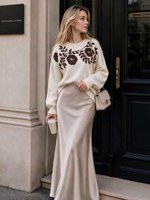 NiceArt Women's Autumn/Winter Vintage Embroidered Floral Knit Pullover Sweater, Suitable For Autumn Outfits, Social Events, Renaissance Style, Halloween - Apricot - View 2